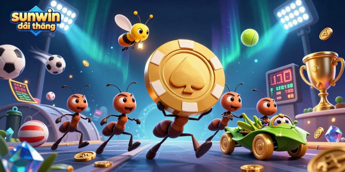 Experience the thrill of sunwin đổi thưởng with a vibrant heist scene depicting ants, sports elements, and rich details.