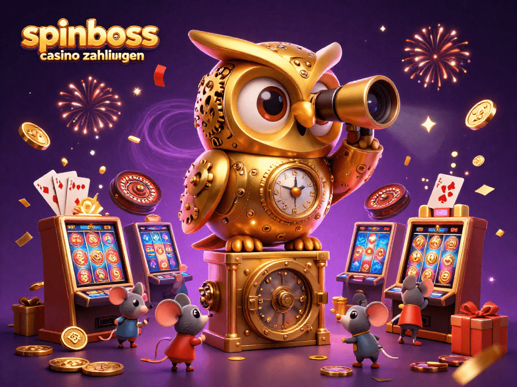 Erleben Sie spitzenmäßige SpinBoss Casino Zahlungen mit einem goldenen Uhrwerk-Eule auf einem Tresor, während Spielautomaten sprudeln.