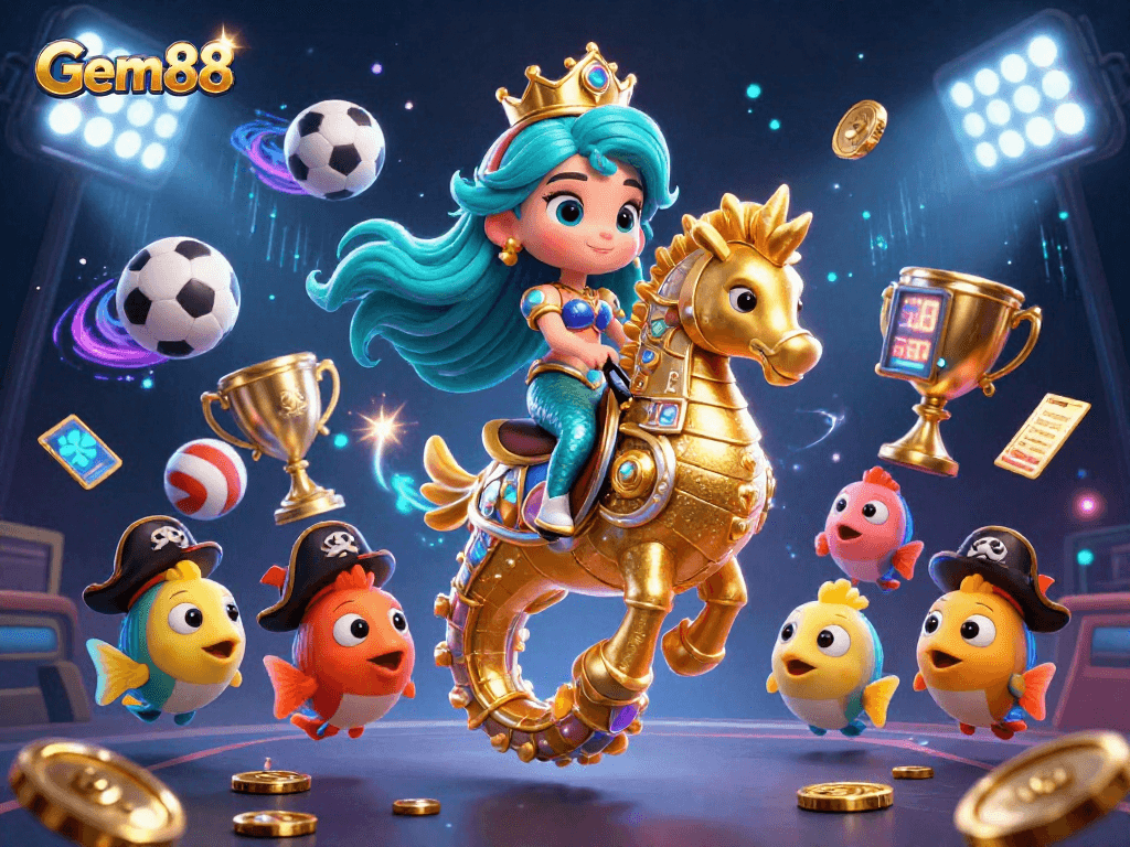 Engage with Gem88's vibrant casino world featuring a mermaid and sports elements.