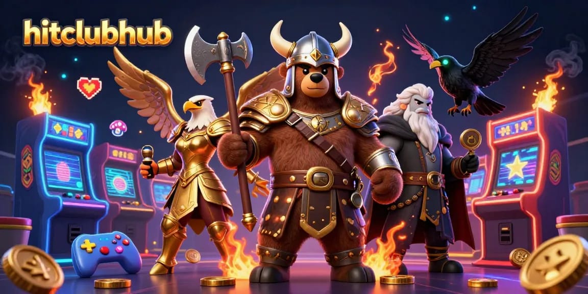 Play dynamic casino games at hitclubhub with Viking characters, arcade gaming elements and vibrant colors.