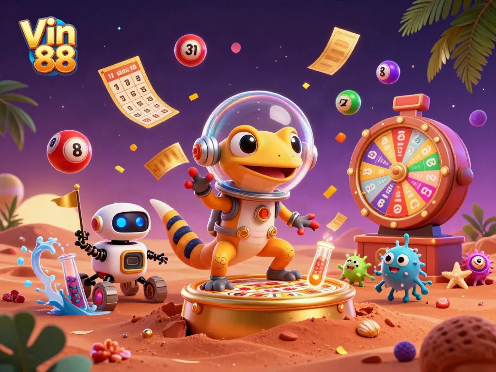 Engage with Vin 88 in a vibrant gaming scene featuring thrilling lottery elements and cheerful characters.