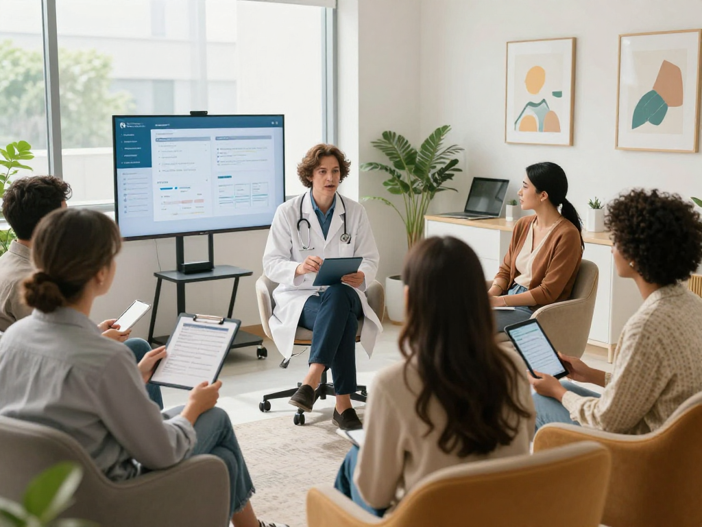 Gesundheitswesen Arzt - Barrierefreies Beratungsgespräch in moderner Arztpraxis mit digitalen Hilfsmitteln.