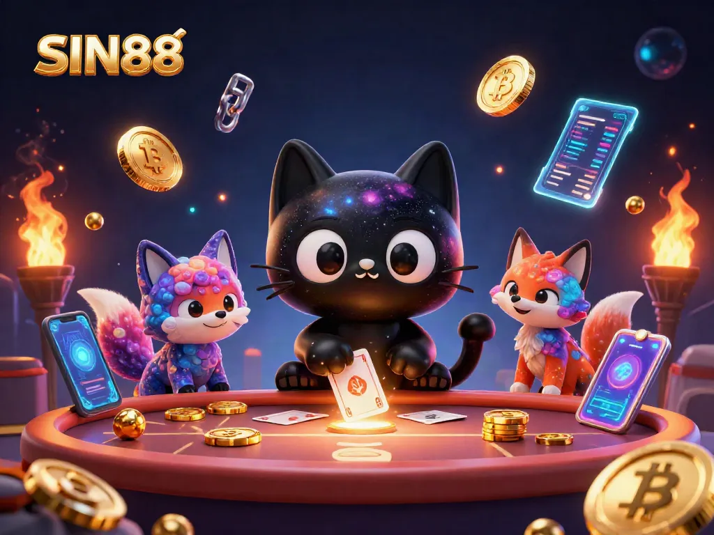 SIN88 engages players with thrilling cosmic gambling experiences amidst golden chips and vibrant crypto elements.