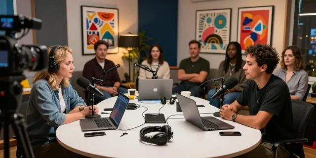 Brit Morin in a vibrant podcast studio discussing rokok88 topics on creativity and innovation.