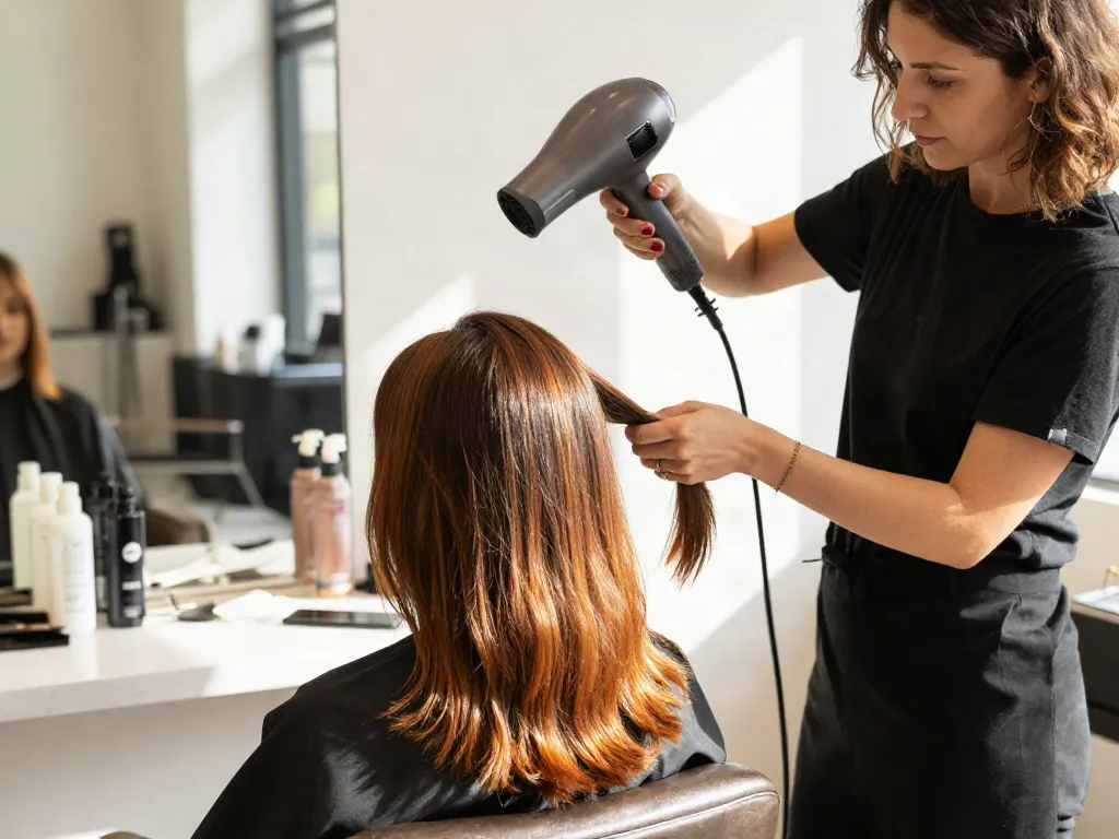 Föhn ohne Hitzeschäden in einem modernen Schönheitssalon, Frisör bei der Arbeit mit gesundem, glänzendem Haar des Kunden.