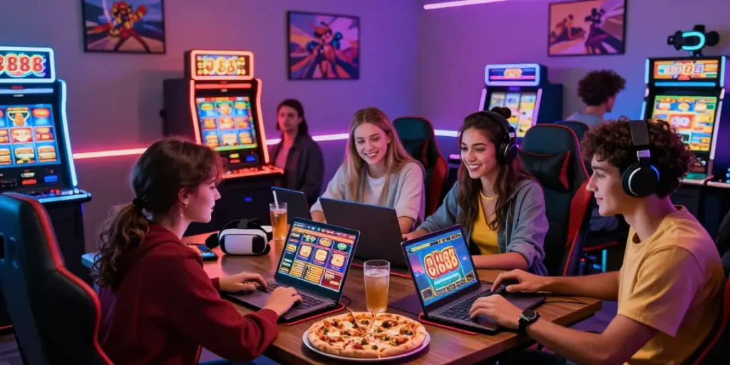 Group enjoying slot88 games online in a colorful gaming environment