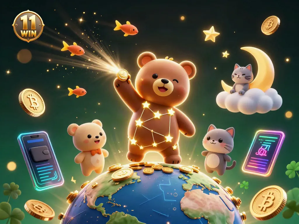 Engage with winning strategies in 11 WIN amid a rich 3D casino scene bursting with gold coins and crypto elements.