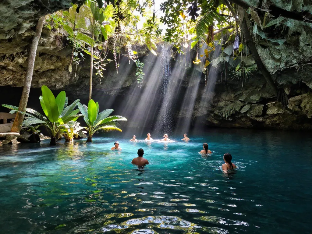 Ein Cenote in Yucatán, wo die Schönheit der Cenoten und das klare Wasser mit vielfältiger Flora kombiniert sind, während Leute schwimmen. Wie entstehen Cenoten auf faszinierende Weise?