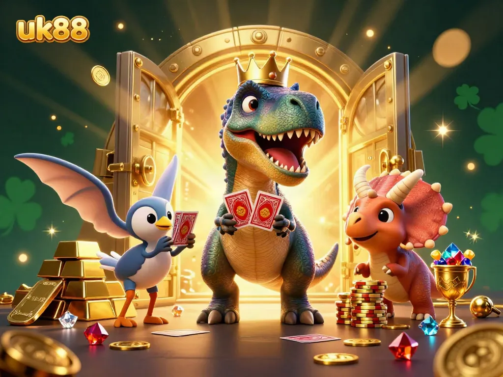 Experience the thrill of uk88 casino gaming with animated T-Rex and friends surrounded by treasures.
