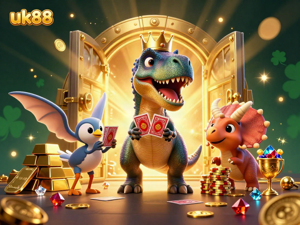 Experience the thrill of uk88 casino gaming with animated T-Rex and friends surrounded by treasures.