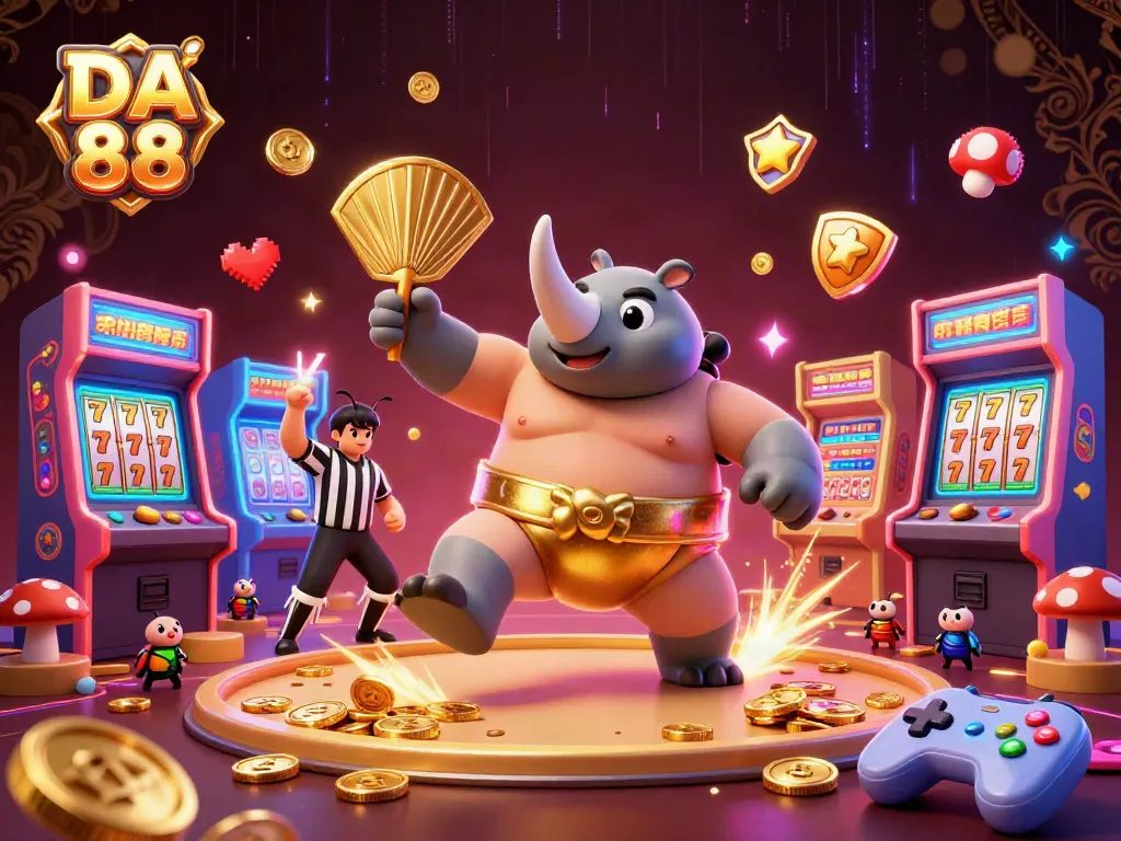 Experience the excitement of DA 88 as the beetle champion launches coins amidst vibrant casino elements.