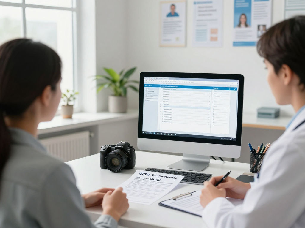 Healthcare data protection meeting emphasizing Gesundheitswesen Arzt with consultant and patient in a secure clinic environment.