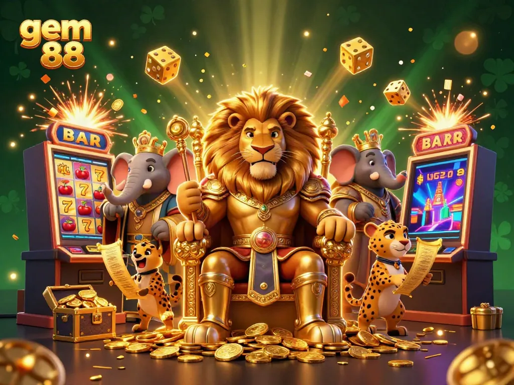 Experience excitement with gem 88 as a lion king commands wealth amidst vibrant casino elements.