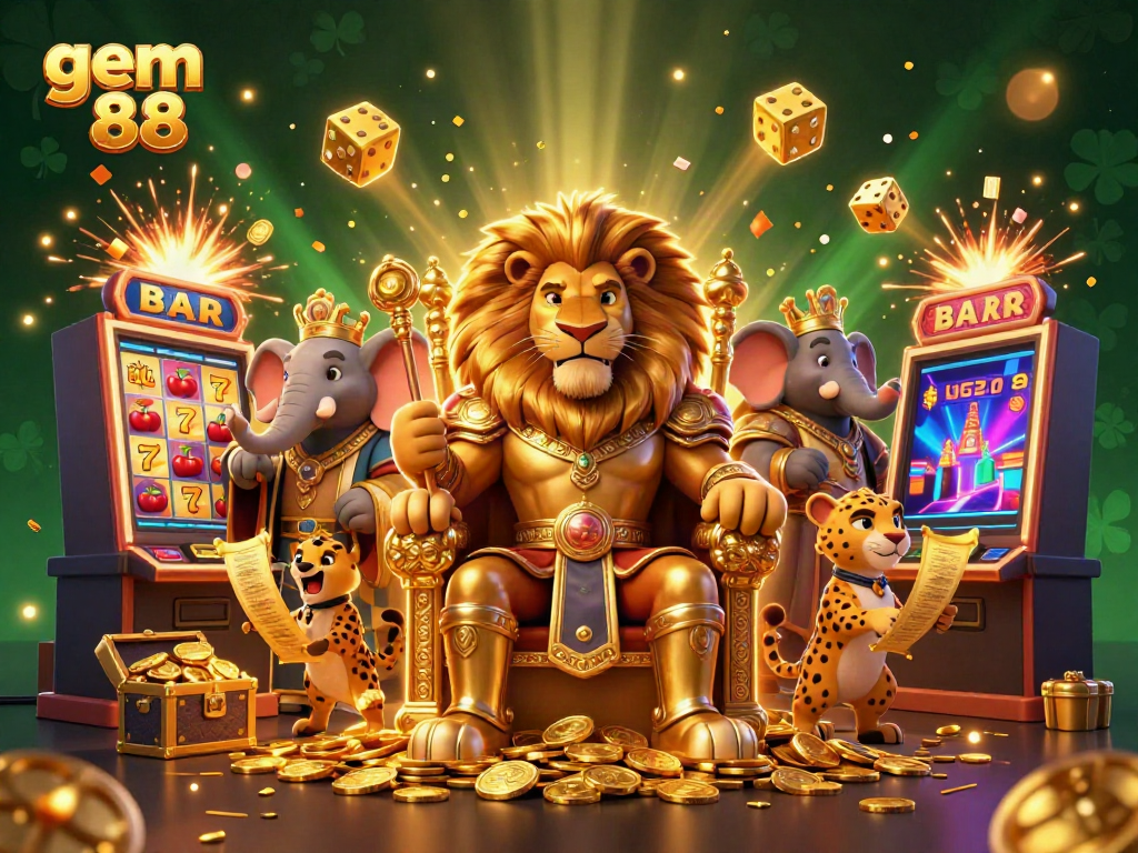 Experience excitement with gem 88 as a lion king commands wealth amidst vibrant casino elements.