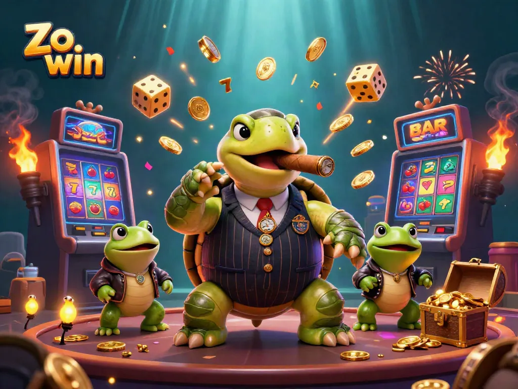 Experience the thrill of Zo win with a vibrant casino atmosphere featuring a turtle mobster and exciting game elements.