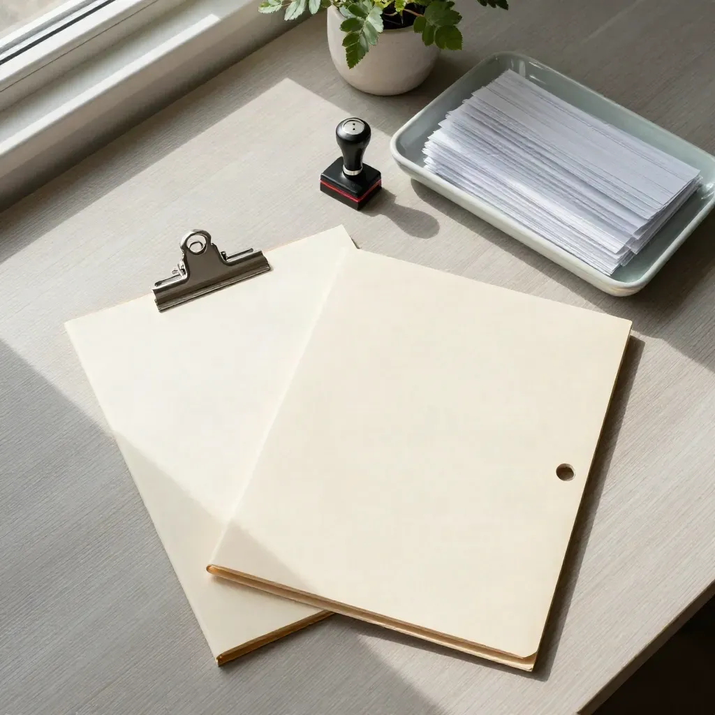 Steuermappe, Datumsstempel, Schale und Pflanze auf hellem Holz im Tageslicht.