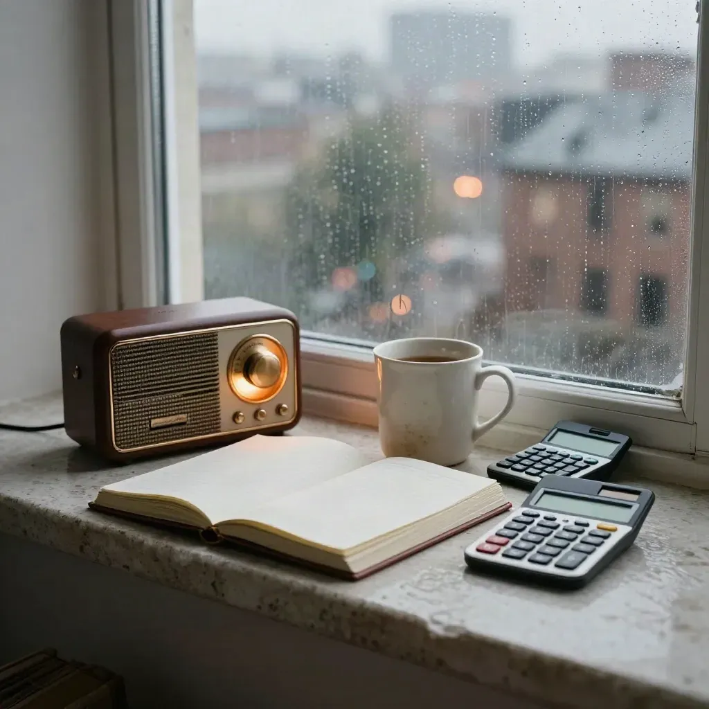 Fensterbank mit geschlossenem Notizbuch, Radio und Tasse bei Abendregen