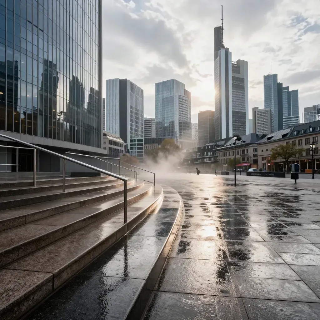 Frankfurter Börsenviertel bei Sonnenaufgang nach Regen, nasse Platten und Glasfassaden
