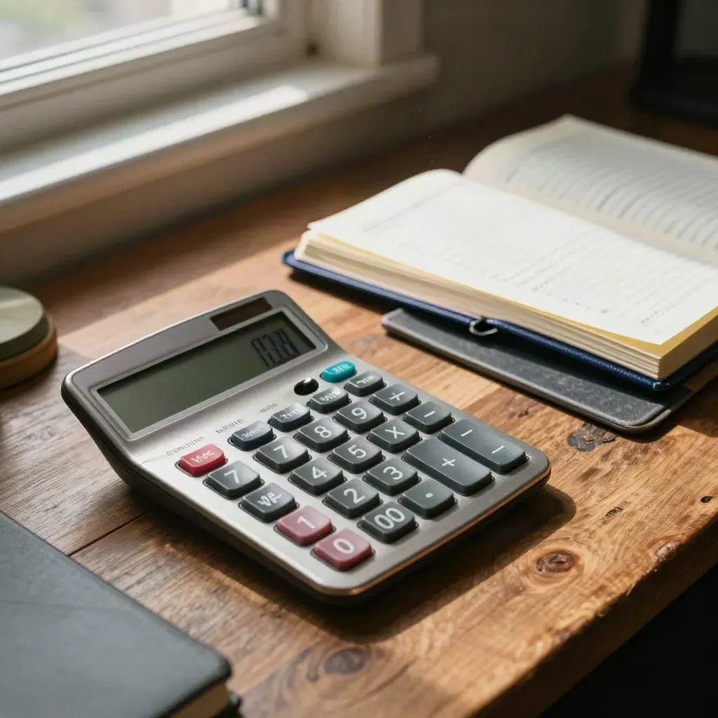 Taschenrechner und Registerkarten auf einem Aktenordner im warmen Bürolicht.