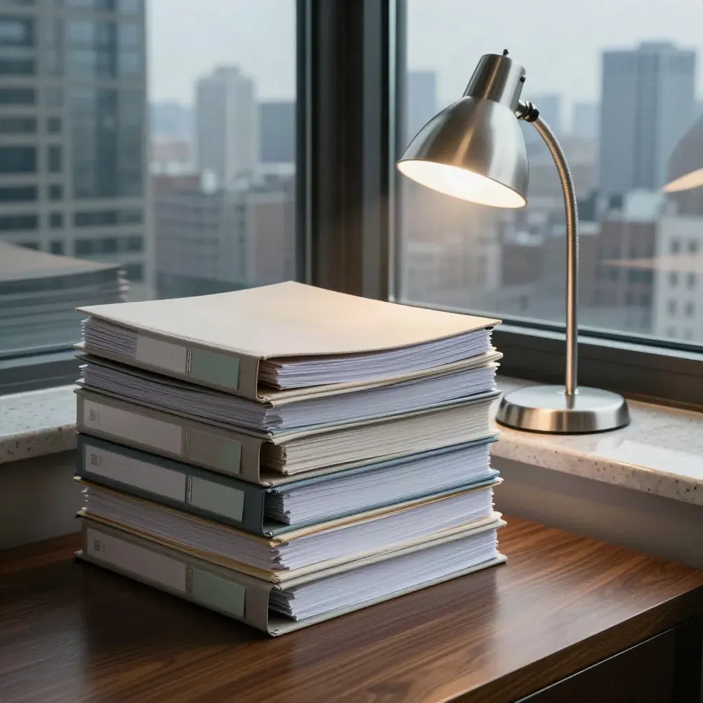 Abgestellte Jahresordner und Lampe am Glasbüro mit Stadtreflexen am Morgen