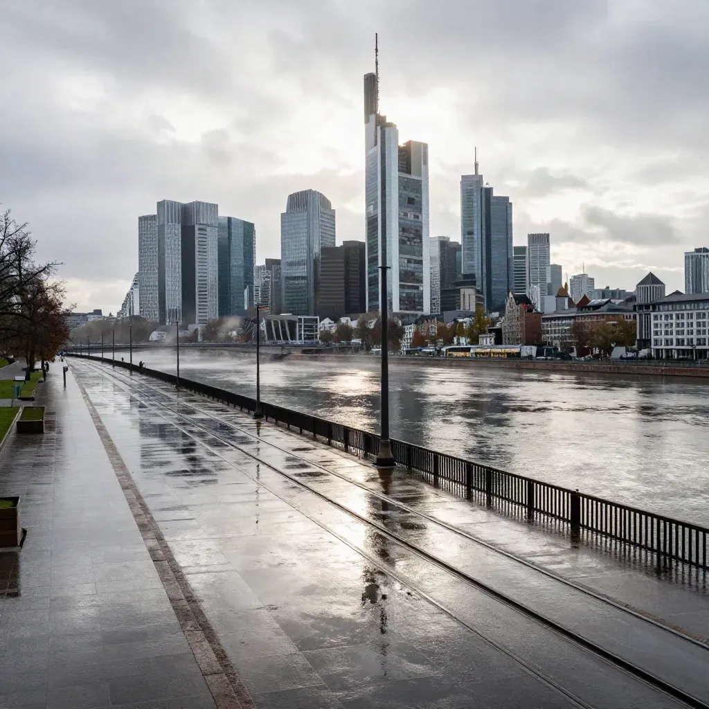 Frankfurter Skyline vom nassen Uferweg mit Straßenbahnschienen nach dem Regen