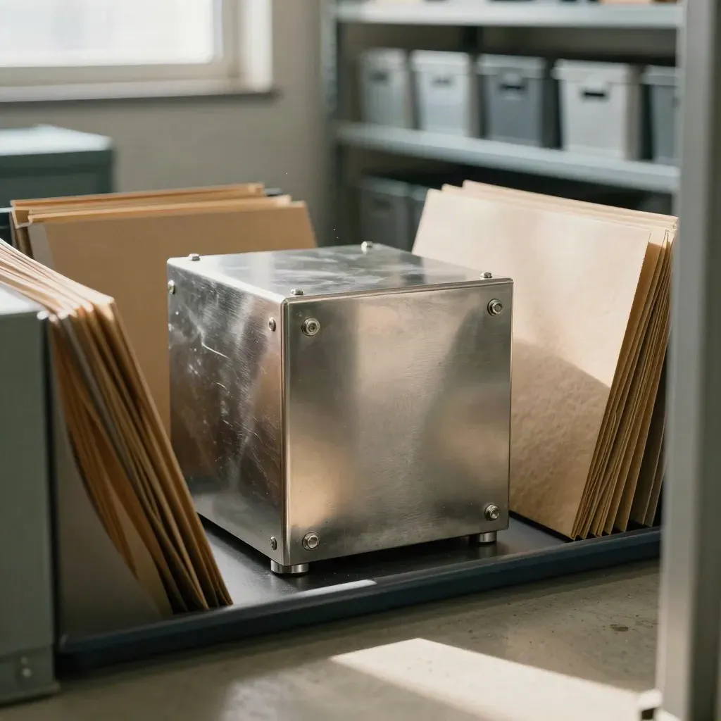 Metallteile, versiegelte Mappen und ein Stahlschrank in warmem Tageslicht.