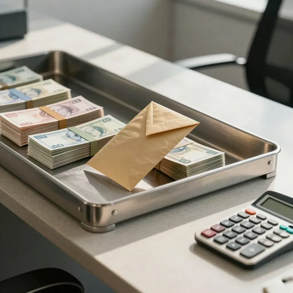 Kassenworkflow mit Geldbündeln, Trays, verschlossener Hülle und Rechner auf hellem Stein.