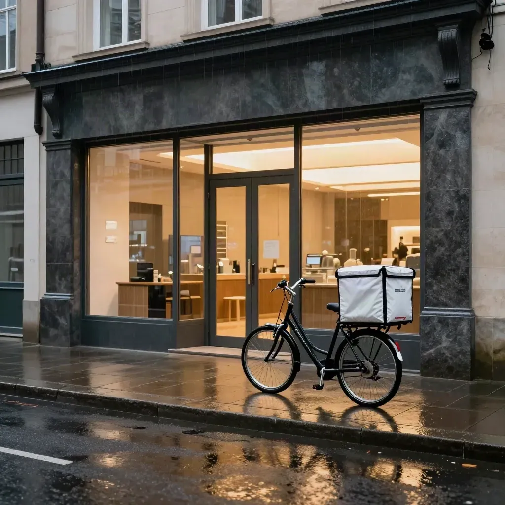 Regennasse Bankfassade mit warmem Lobbylicht und geparktem Lieferfahrrad
