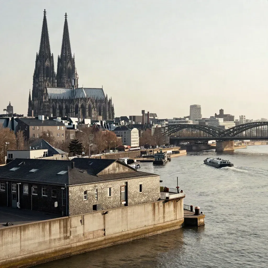 Kölner Rheinfront mit Industriedächern, Brückenstahl und Dom im warmen Dunst.