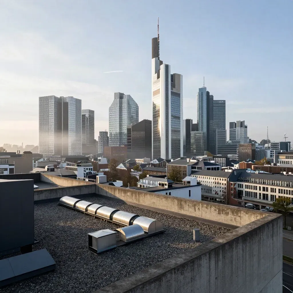 Frankfurts Skyline im Morgenlicht mit Glas­türmen und ruhiger Horizonlinie.