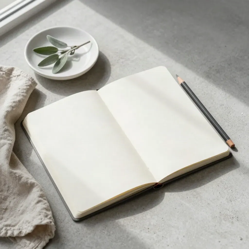 Offenes Hauptbuch mit Bleistift, Leinen und Keramikschale auf hellem Stein.