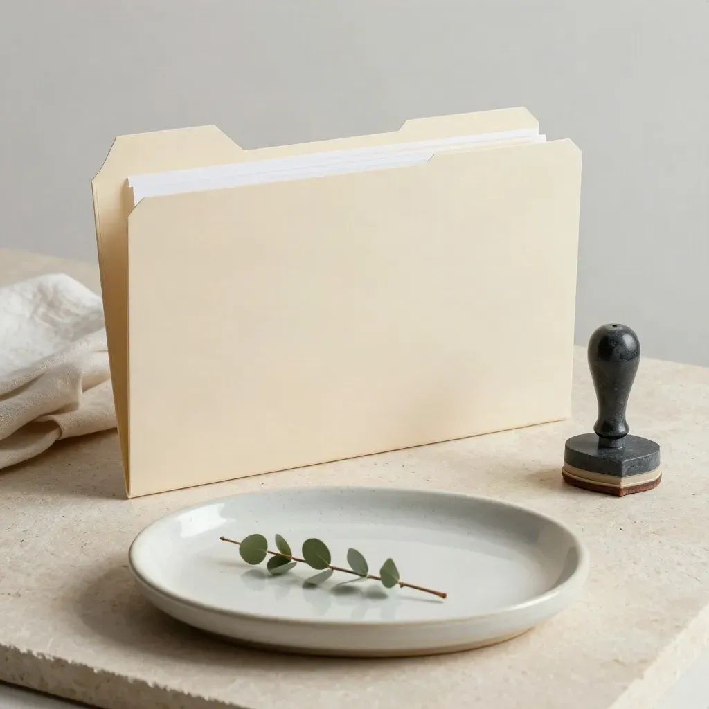 Steuerordner, Stempel und Zweig auf heller Keramikschale im weichen Tageslicht.