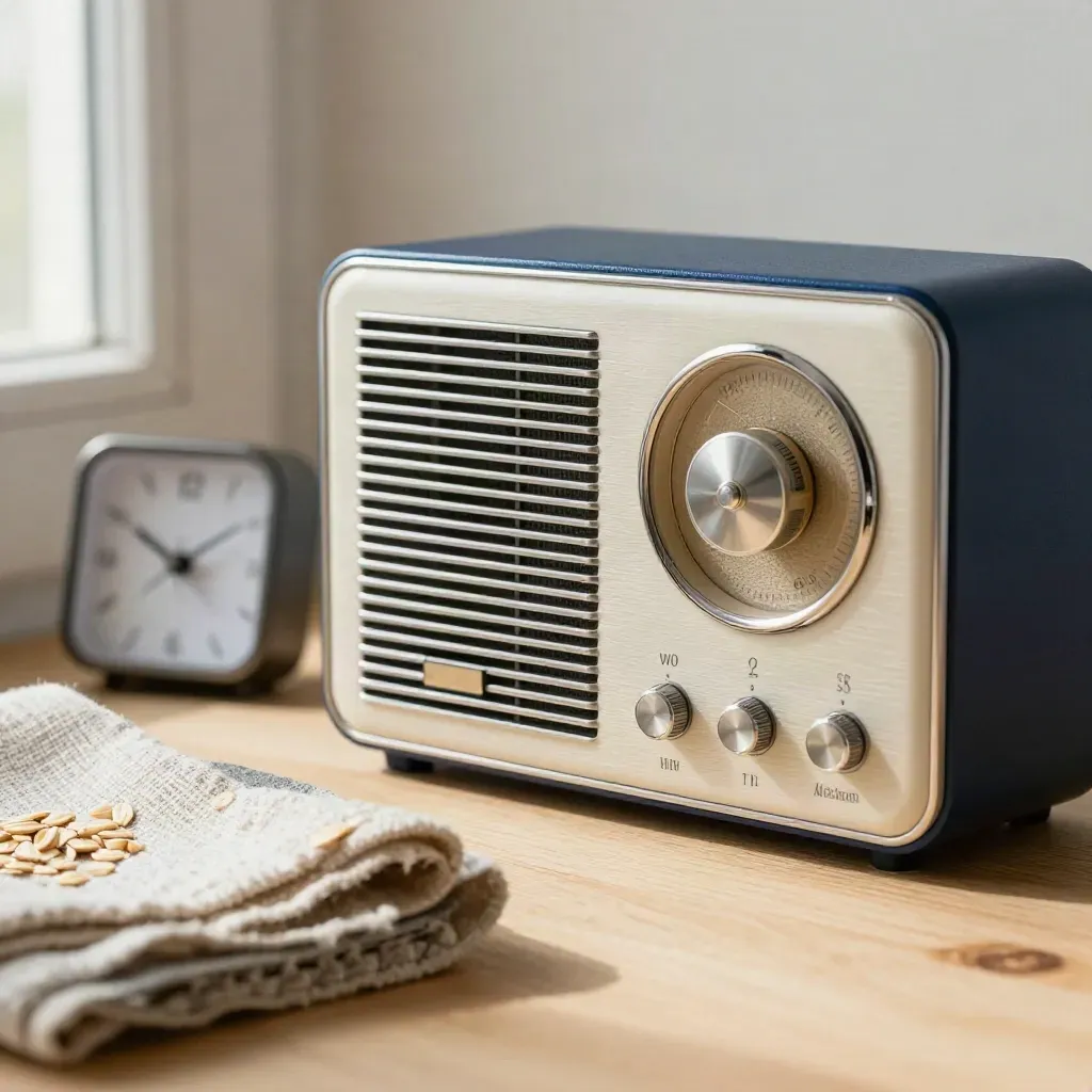 Detail eines Tischradios mit Uhr, Stoff und Steinschale auf hellem Holz.