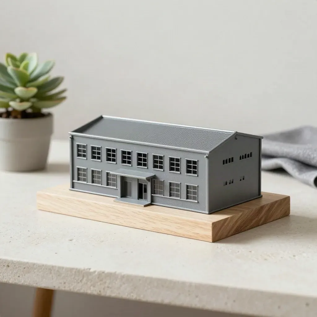 Miniatur-Firmenmodell auf Birkenholz mit Pflanze und Tuch in hellem Studiolicht.