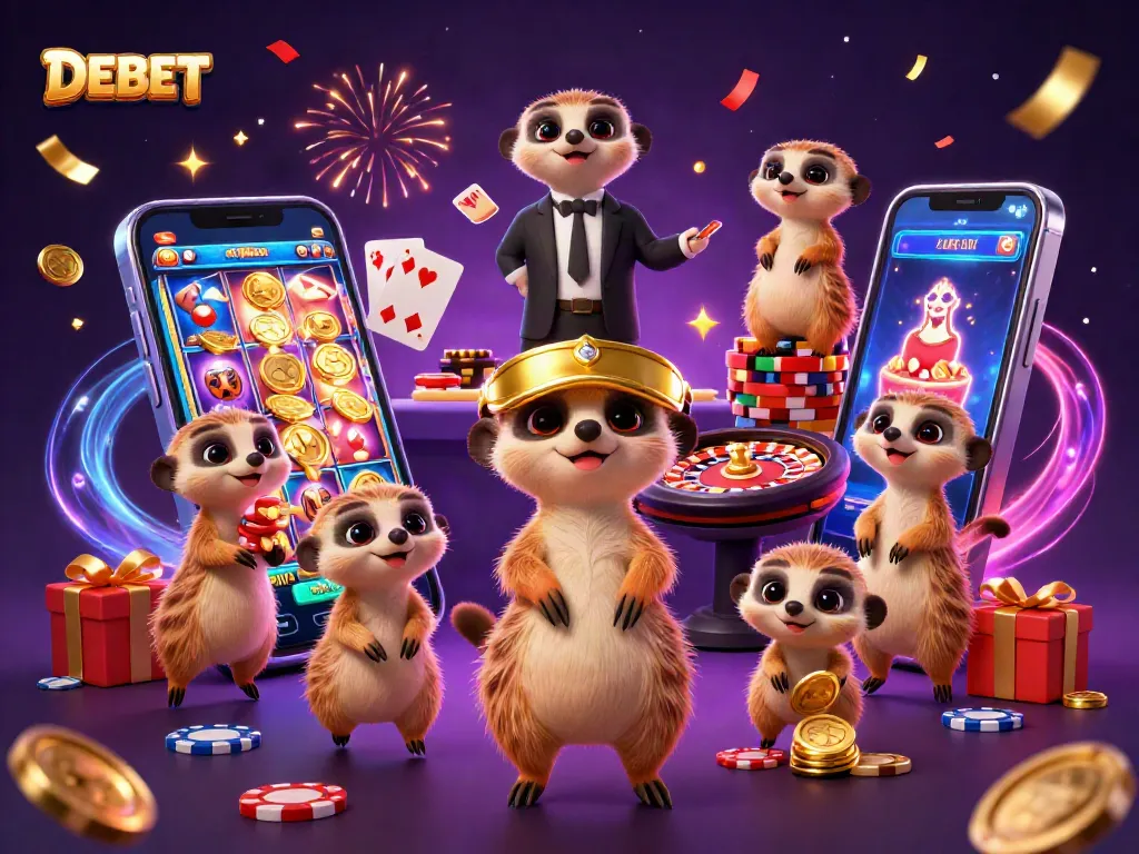 Engage in thrilling games at DEBET with meerkat dealers managing a vibrant casino atmosphere.