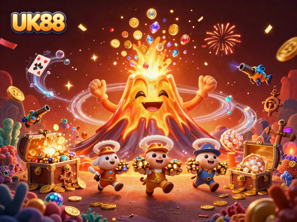 Experience the thrill of UK88 as a golden volcano erupts treasures, surrounded by a vibrant casino scene.