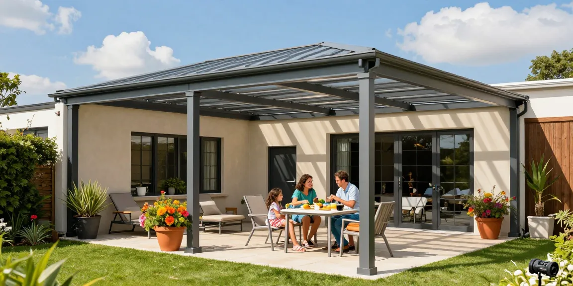 Schicke Terrassenüberdachungen in modernem Garten, Familie entspannt bei sonnigem Wetter.