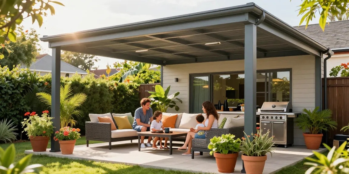 Moderne Terrassenüberdachung bietet Schatten und Komfort für eine Familie im Garten.