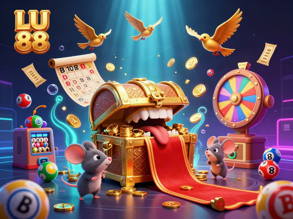 LU 88: A thrilling illustration of a captivating treasure chest drawing adventurer mice with golden winnings.