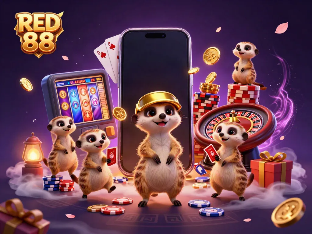 Join the excitement of RED 88 with meerkats running a vibrant casino, showcasing thrilling games.
