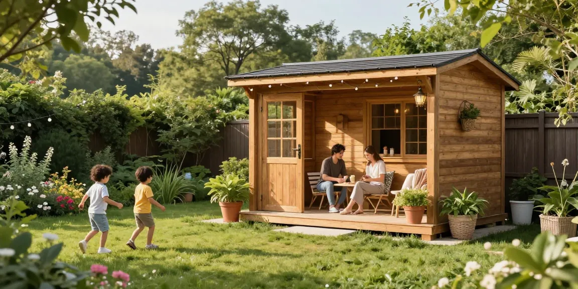 Gartenhaus in idyllischem Garten mit spielenden Kindern und sonniger Atmosphäre