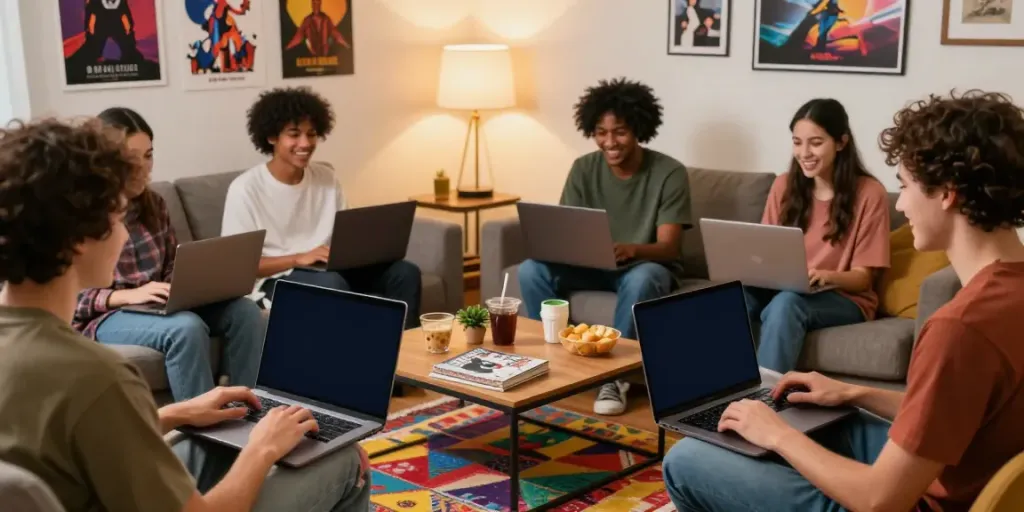 Exciting virtual porn chat scene with diverse friends enjoying conversation over laptops in a warm, cozy environment.