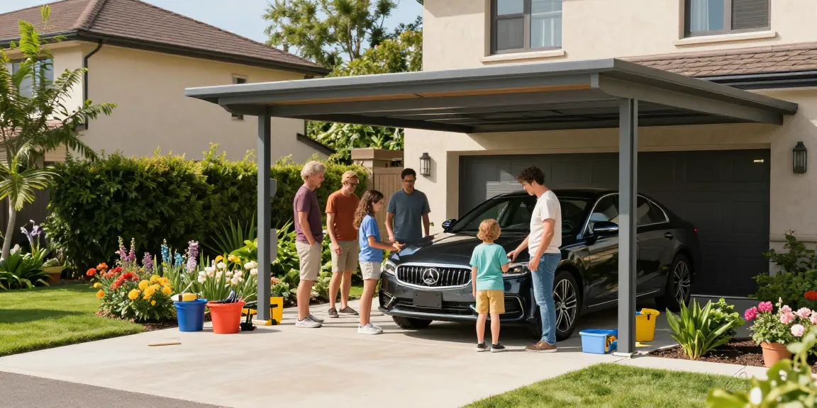 Familie versammelt sich unter einem Carport mit Auto, sonniger Tag im Garten