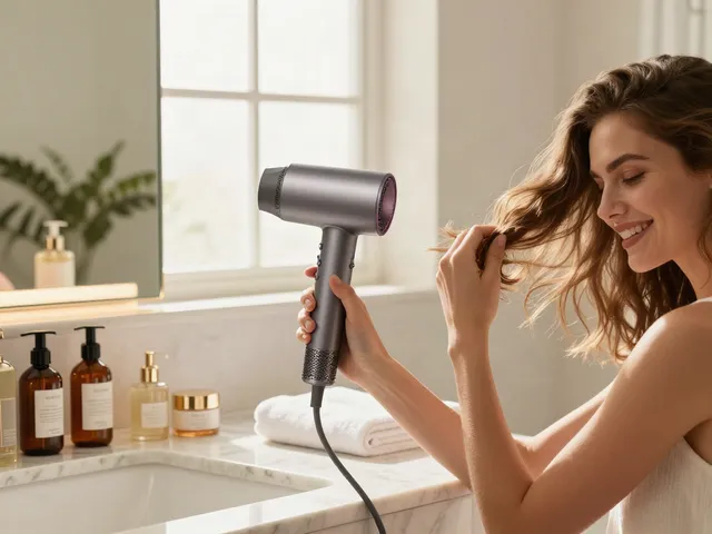 Person verwendet einen Ionenföhn in einem eleganten Badezimmer mit stilvollen Produkten