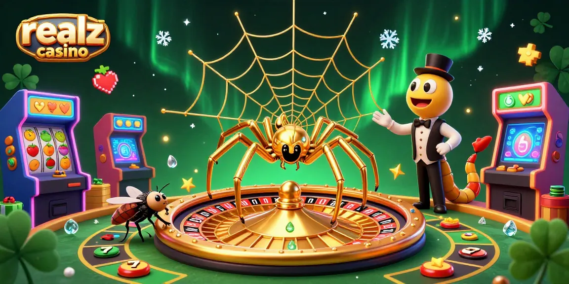 Experience the excitement of realz casino with a vibrant 3D illustration of a golden spider and a centipede croupier.