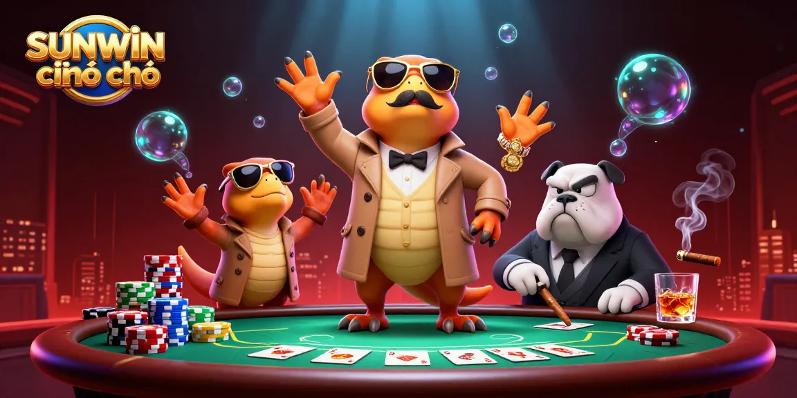 Experience thrilling gameplay at sunwin chính chủ, featuring a vibrant casino scene with three cartoon raptors.