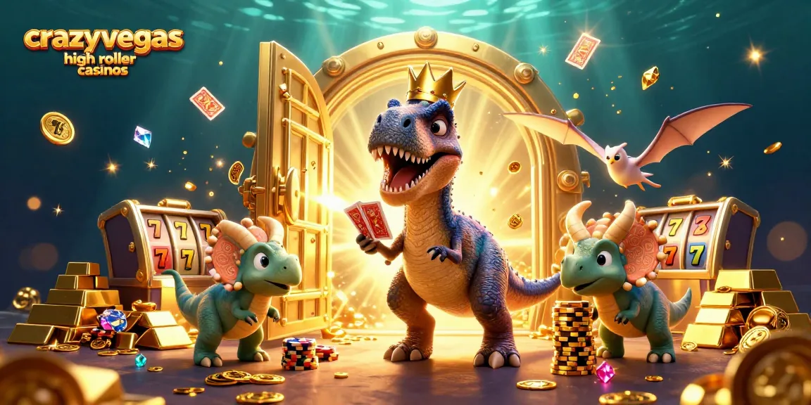 Experience high-stakes play with crazyvegas high roller casinos, featuring T-Rex and friends in a vibrant casino scene.